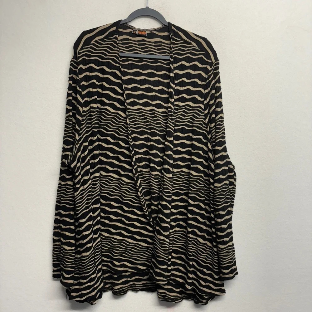 Tianello Open‎ Cardigan Textured Wavy Stripe 1X Black Tan Palmia Flow USA Made